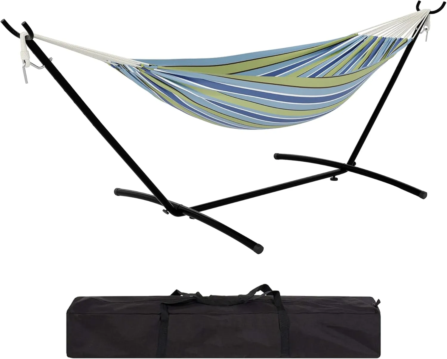 Hammock with Stand – Heavys Duty 500 LBS Capacity, Portable Hammock Set for Outdoors, Indoors, Patio, Garden, and Camping – Includes Carrying Bag and Adjustable Steel Frame(Blue Green Stripes)