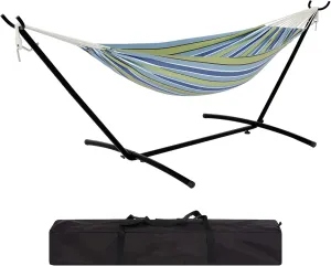 Hammock with Stand – Heavys Duty 500 LBS Capacity, Portable Hammock Set for Outdoors, Indoors, Patio, Garden, and Camping – Includes Carrying Bag and Adjustable Steel Frame(Blue Green Stripes)