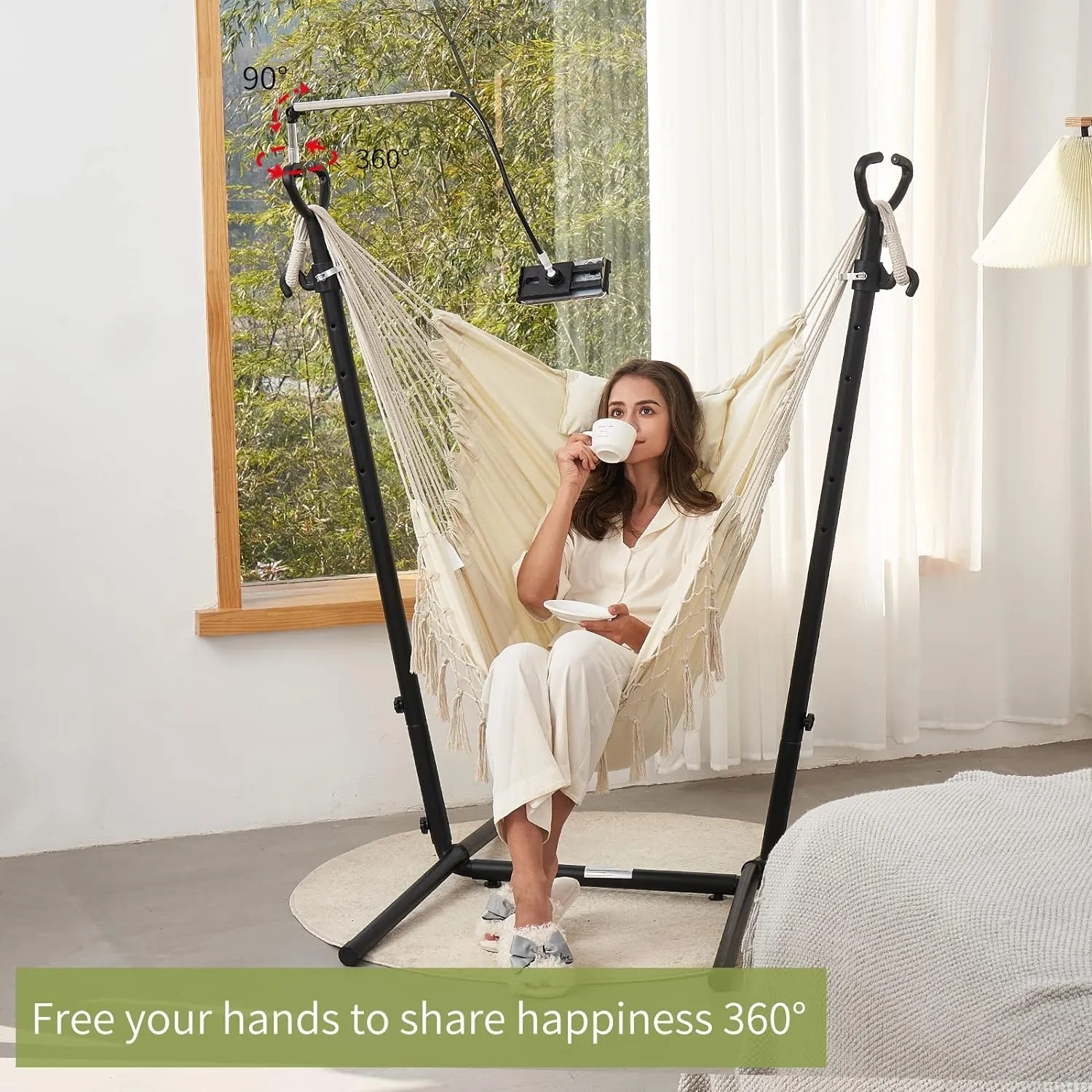 Hammock with Stand Phone Holder Included Double Hanging Chair Macrame Boho Handmade Adjustable Swing Indoor Outdoor Patio Yard Garden Porch 400lbs Capacity (2022 White)