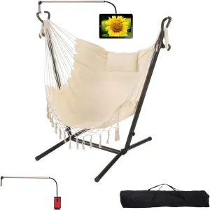 Hammock with Stand Phone Holder Included Double Hanging Chair Macrame Boho Handmade Adjustable Swing Indoor Outdoor Patio Yard Garden Porch 400lbs Capacity (2022 White)