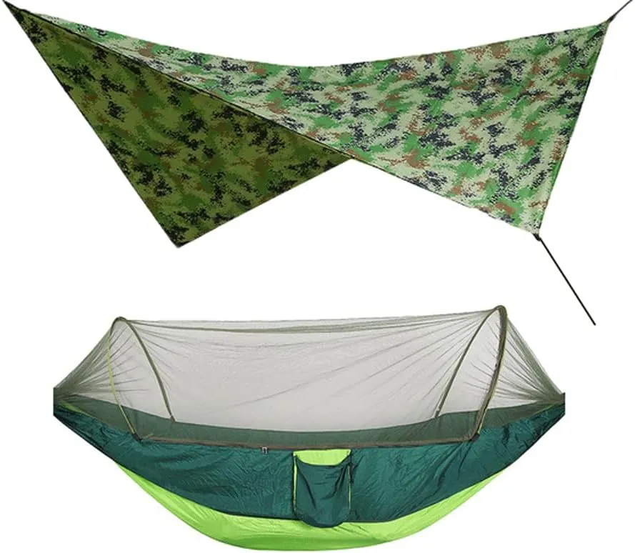 Hammocks Net Hammock Tent with Waterproof Canopy Awning Set Hammock Portable Pop up Travel Hiking Outdoor Backpacking Backyard Beach Outdoor Hammock