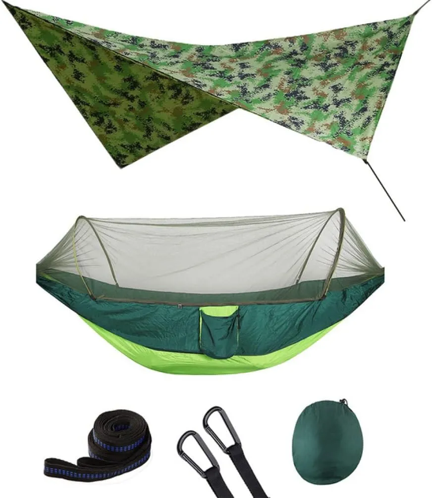 Hammocks Net Hammock Tent with Waterproof Canopy Awning Set Hammock Portable Pop up Travel Hiking Outdoor Backpacking Backyard Beach Outdoor Hammock