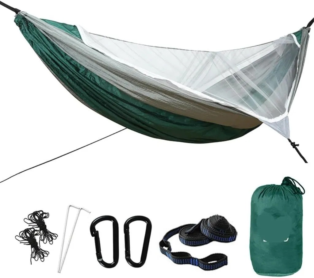 Hammocks Outdoor Mosquito Net Automatic Quick-Open Anti-Mosquito Hammock Outdoor Single Double Parachute Hammock Camping Hammocks(Green)
