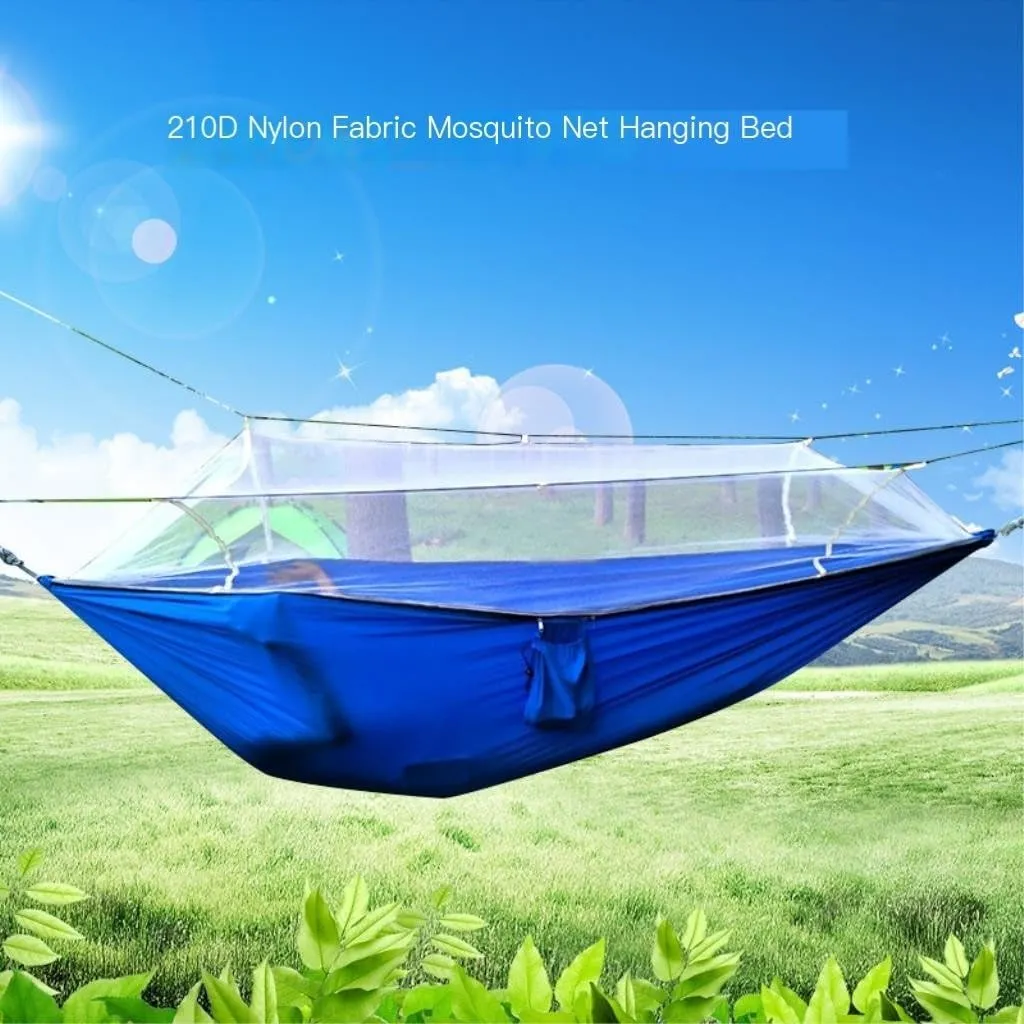 Hammocks Quick-Open Mosquito Net Hammock Outdoor Anti-Rollover Single and Double Outdoor Camping Anti-Mosquito Camping Hammocks(Blue)