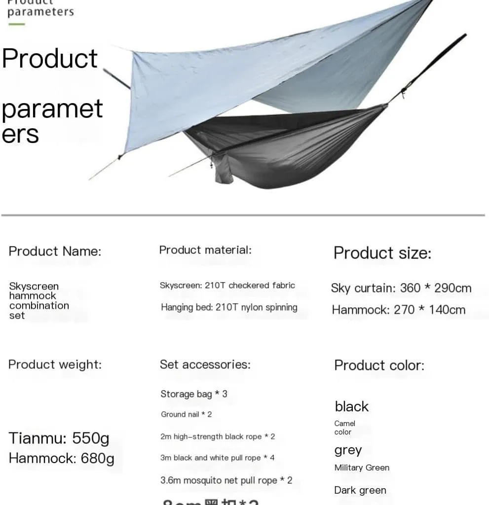 Hamock Canopy Mosquito Net Hammock Set Tent Parachute Cloth Camping Automatic Anti-Mosquito Mosquito Net Hammock Hanmock(A)