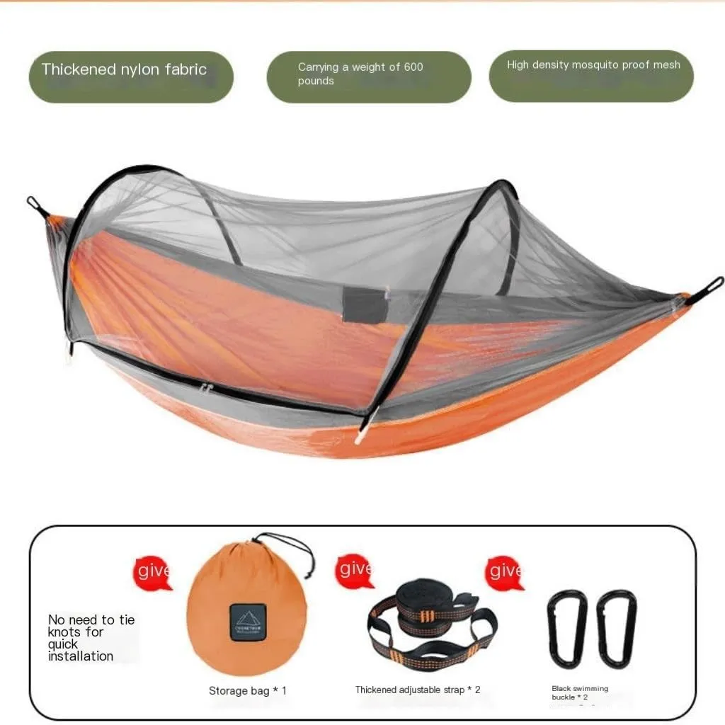 Hamock Outdoor Anti-Mosquito Hammock Automatic Quick Opening with Mosquito Net Parachute Cloth Single Double Portable Hanmock(Orange)