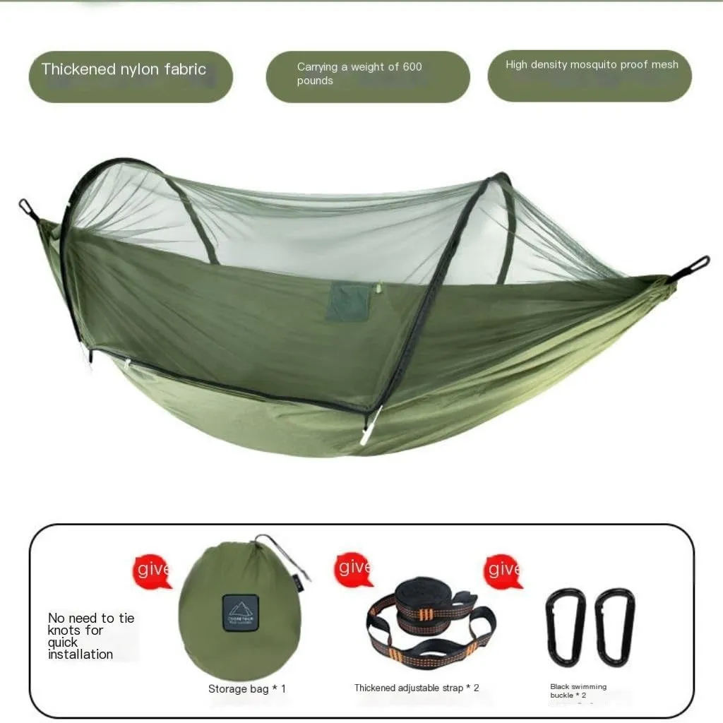 Hamock Outdoor Anti-Mosquito Hammock Automatic Quick Opening with Mosquito Net Parachute Cloth Single Double Portable Hanmock(Orange)