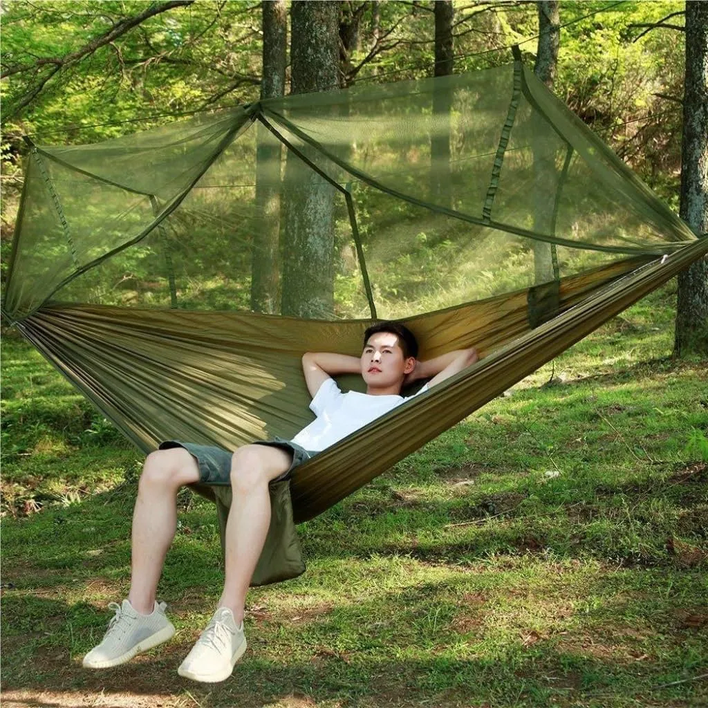 Hamock Outdoor Fully Automatic Quick-Opening Hammock with Mosquito Net, Outdoor Nylon Cloth Camping Pole Hammock Hanmock(A)