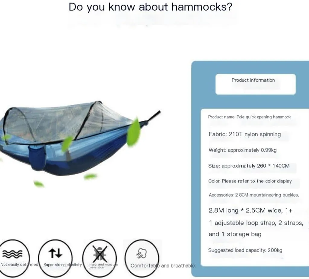 Hamock Outdoor Fully Automatic Quick-Opening Hammock with Mosquito Net, Outdoor Nylon Cloth Camping Pole Hammock Hanmock(Green)