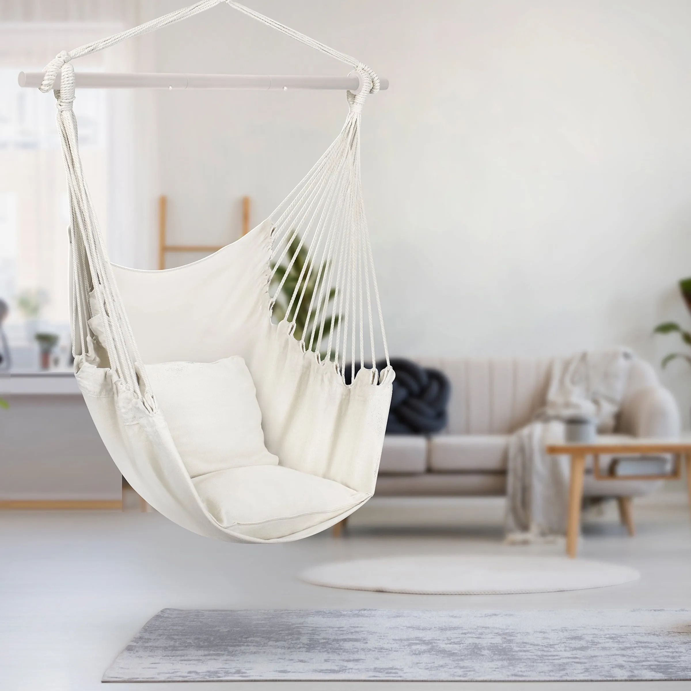 Hanging Rope Hammock Chair Swing Seat for Any Indoor or Outdoor Spaces- Max. 265 Lbs -2 Seat Cushions Included (Large, White)