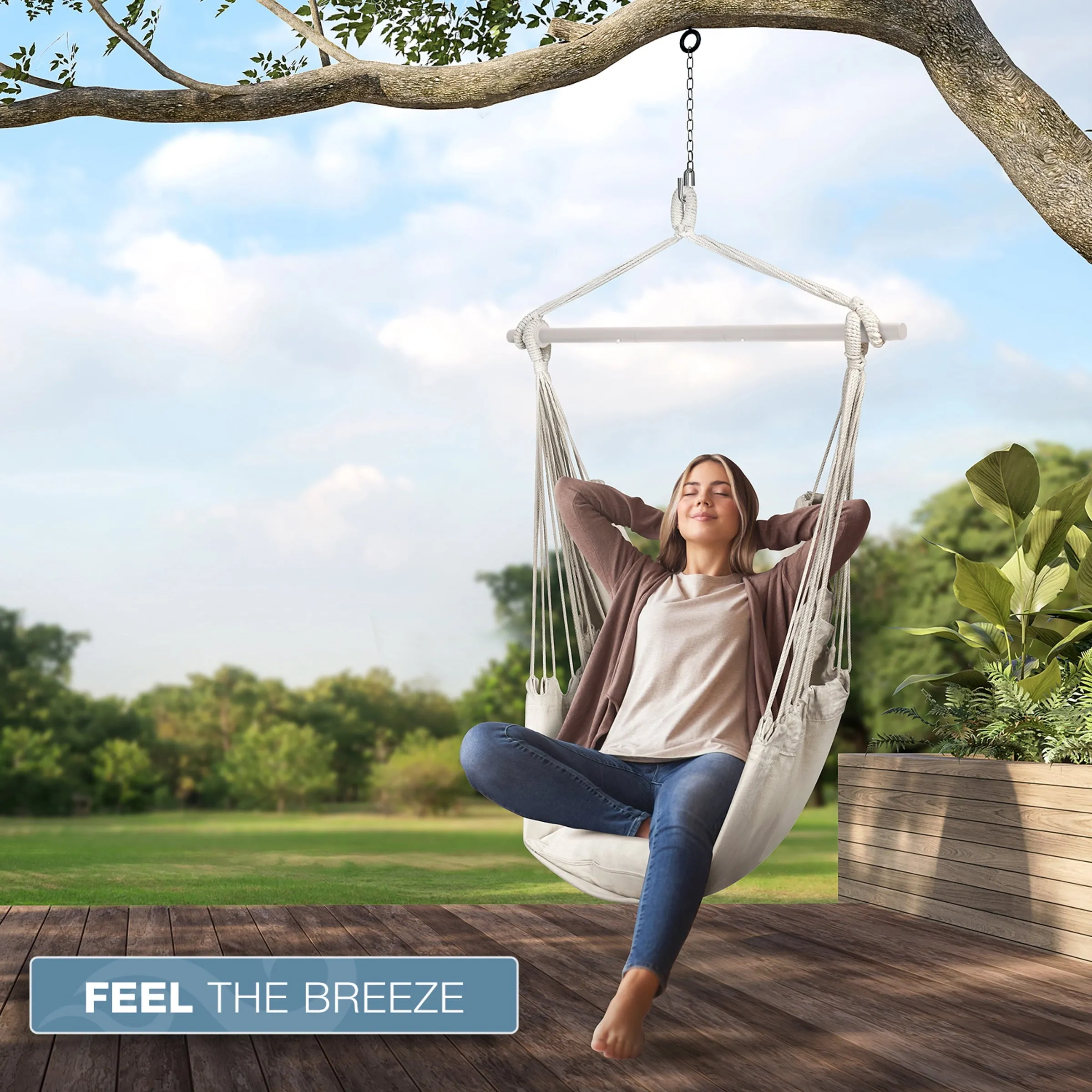 Hanging Rope Hammock Chair Swing Seat for Any Indoor or Outdoor Spaces- Max. 265 Lbs -2 Seat Cushions Included (Large, White)