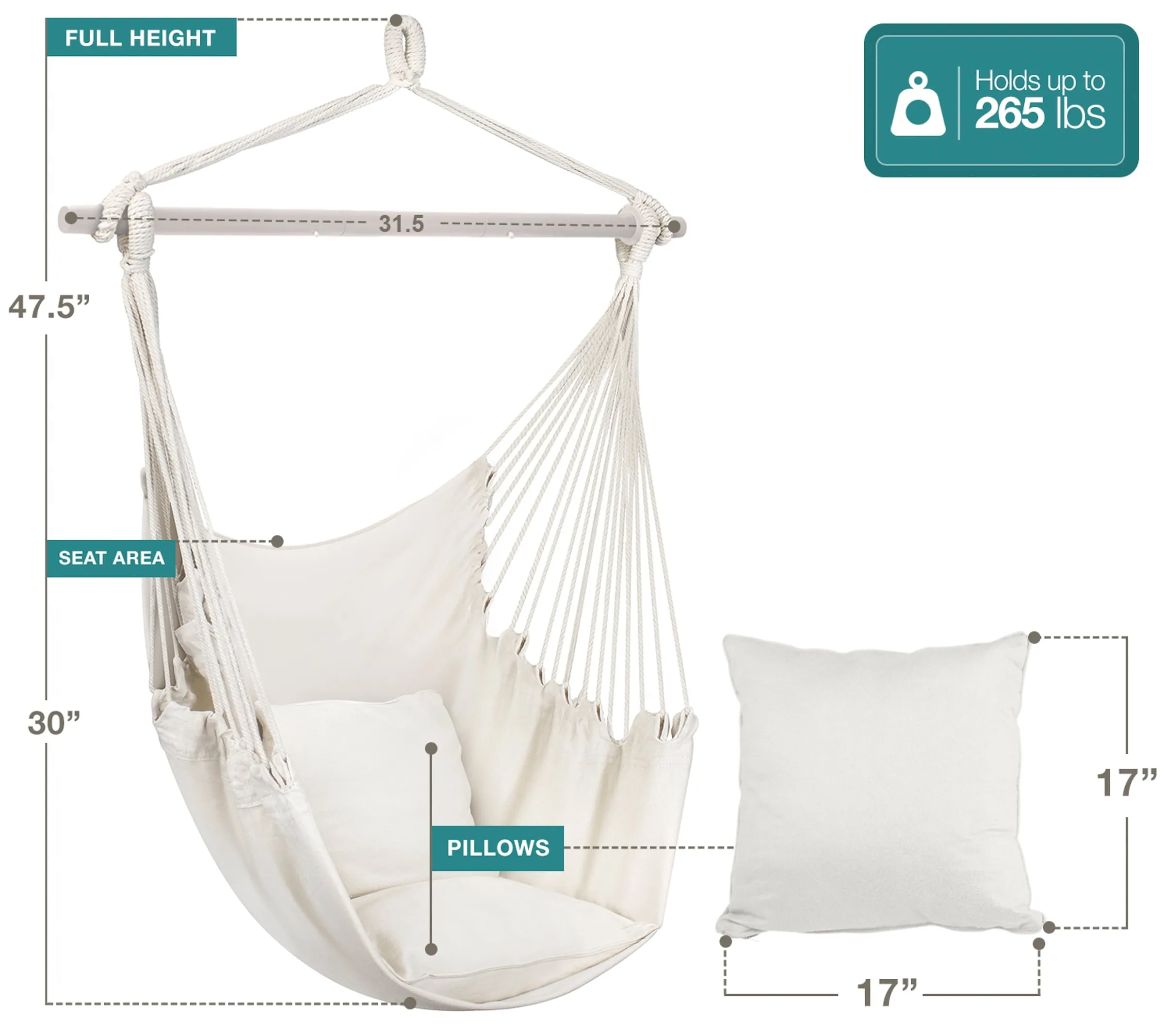 Hanging Rope Hammock Chair Swing Seat for Any Indoor or Outdoor Spaces- Max. 265 Lbs -2 Seat Cushions Included (Large, White)