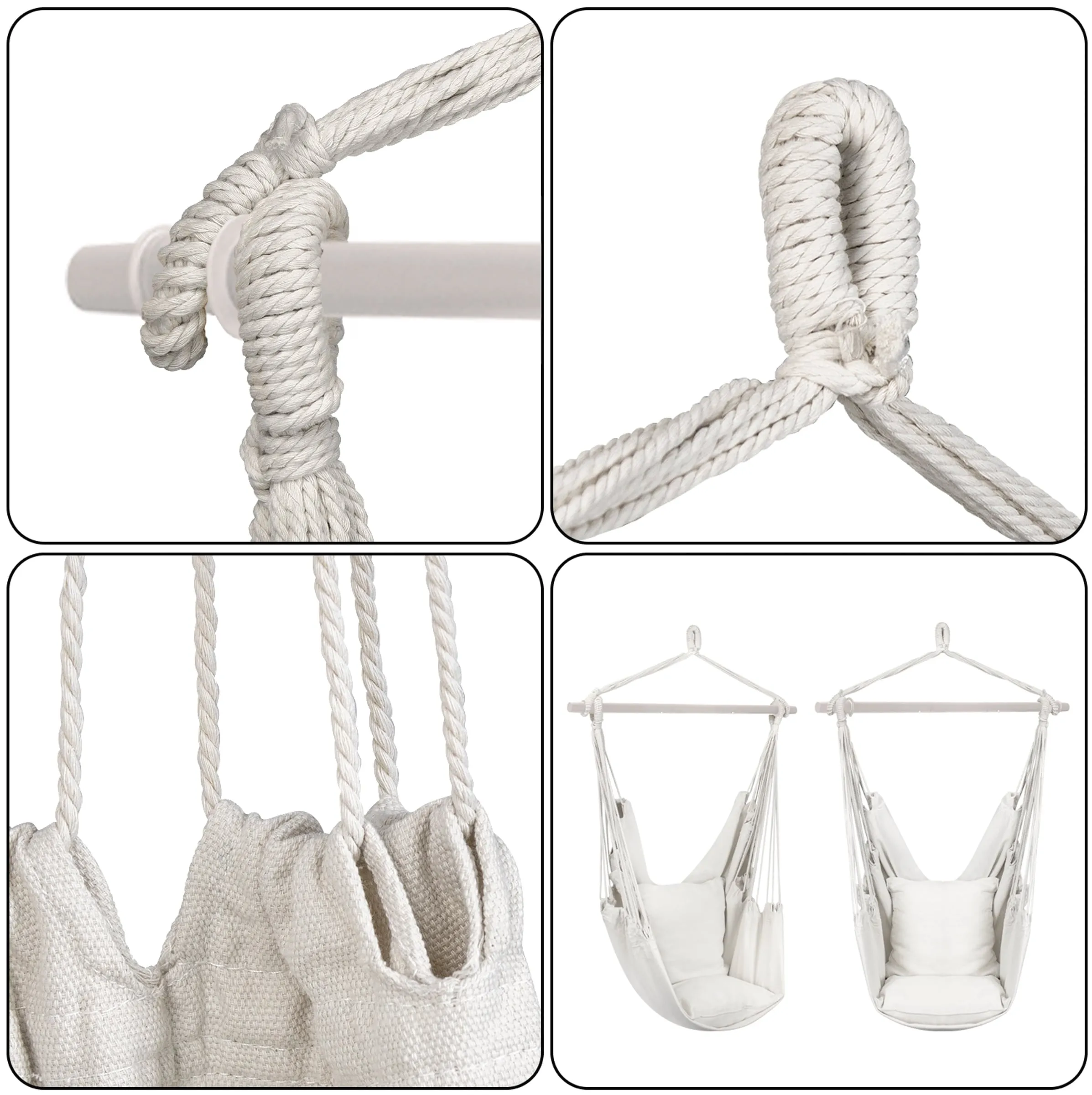 Hanging Rope Hammock Chair Swing Seat for Any Indoor or Outdoor Spaces- Max. 265 Lbs -2 Seat Cushions Included (Large, White)