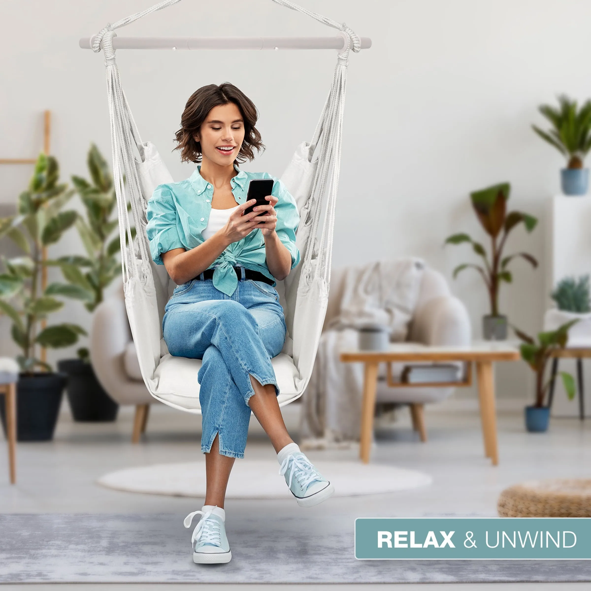 Hanging Rope Hammock Chair Swing Seat for Any Indoor or Outdoor Spaces- Max. 265 Lbs -2 Seat Cushions Included (Large, White)