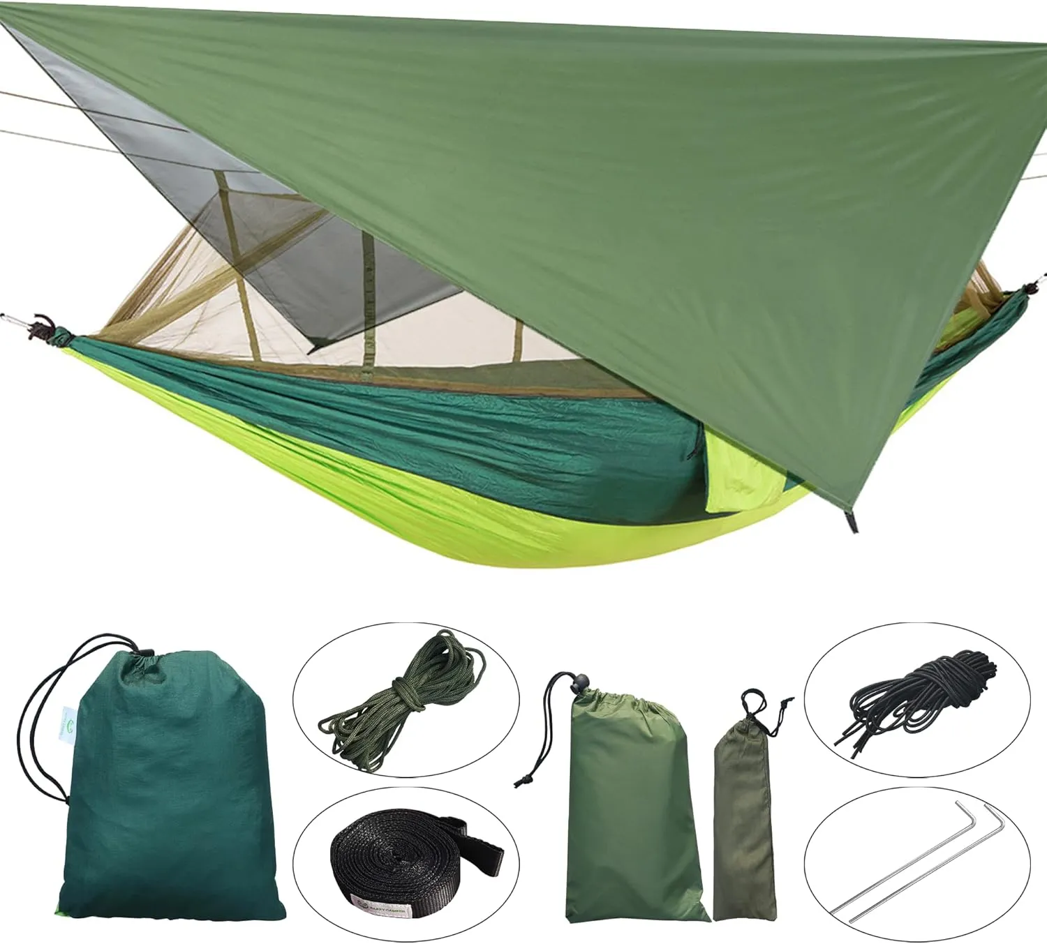 Happy Camper Camping Hammock for Camping, Outdoor Adventures Backpacking or Travel with Rain Fly and Mosquito Net, Lightweight & Portable - Up to 400lbs (Light Green/Green, Single)