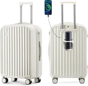 Hardside Carry On Luggage with Spinner Wheels and Built-in TSA Lock Durable Suitcase Rolling Luggage with USB Port cup holder Carry-On 20Inch (White)