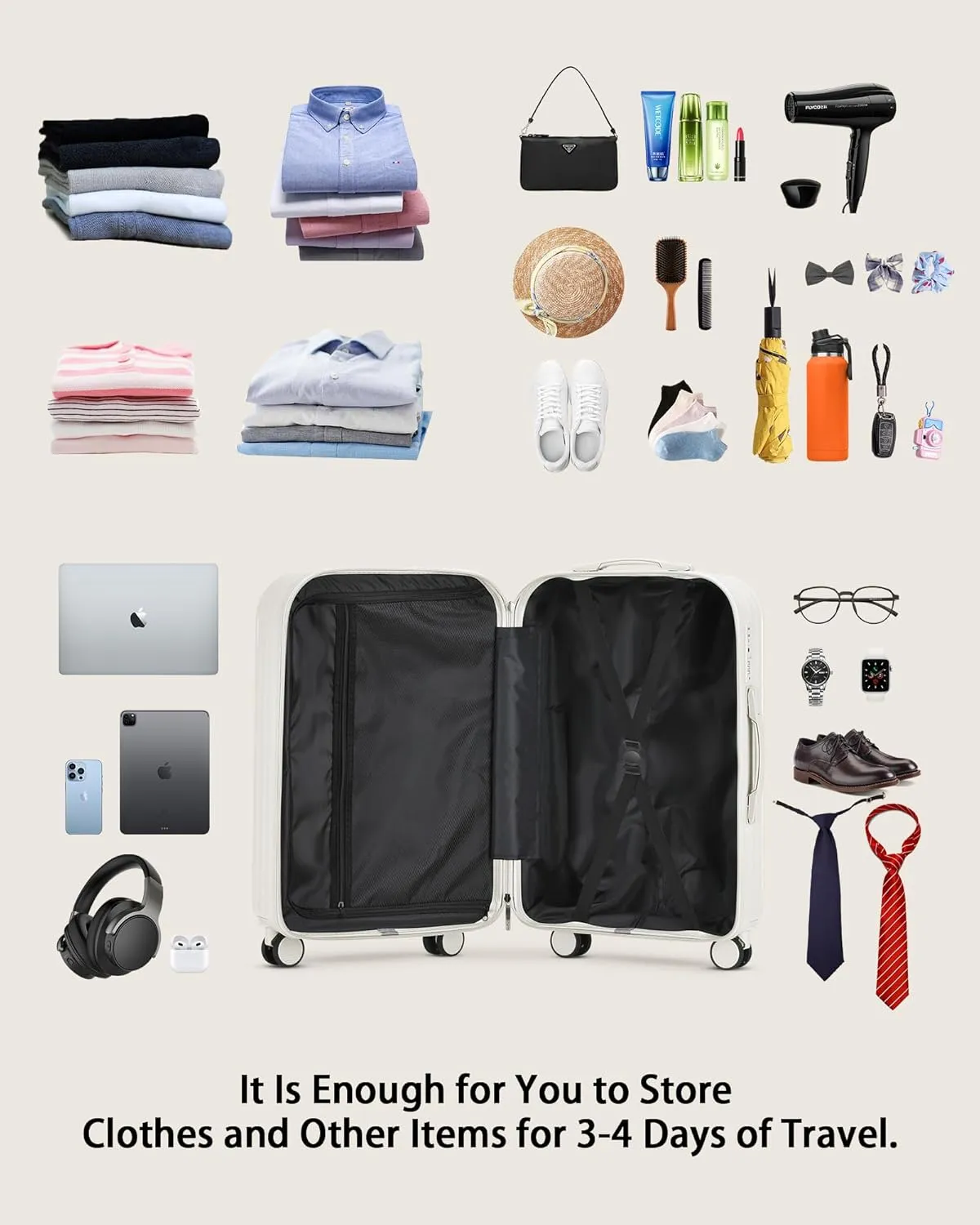 Hardside Carry On Luggage with Spinner Wheels and Built-in TSA Lock Durable Suitcase Rolling Luggage with USB Port cup holder Carry-On 20Inch (White)
