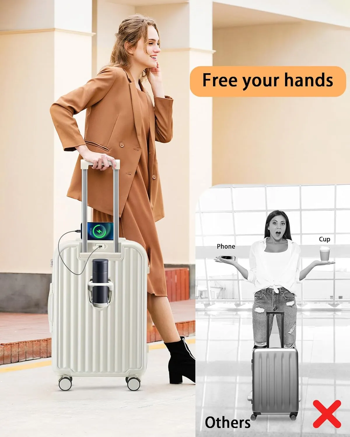 Hardside Carry On Luggage with Spinner Wheels and Built-in TSA Lock Durable Suitcase Rolling Luggage with USB Port cup holder Carry-On 20Inch (White)