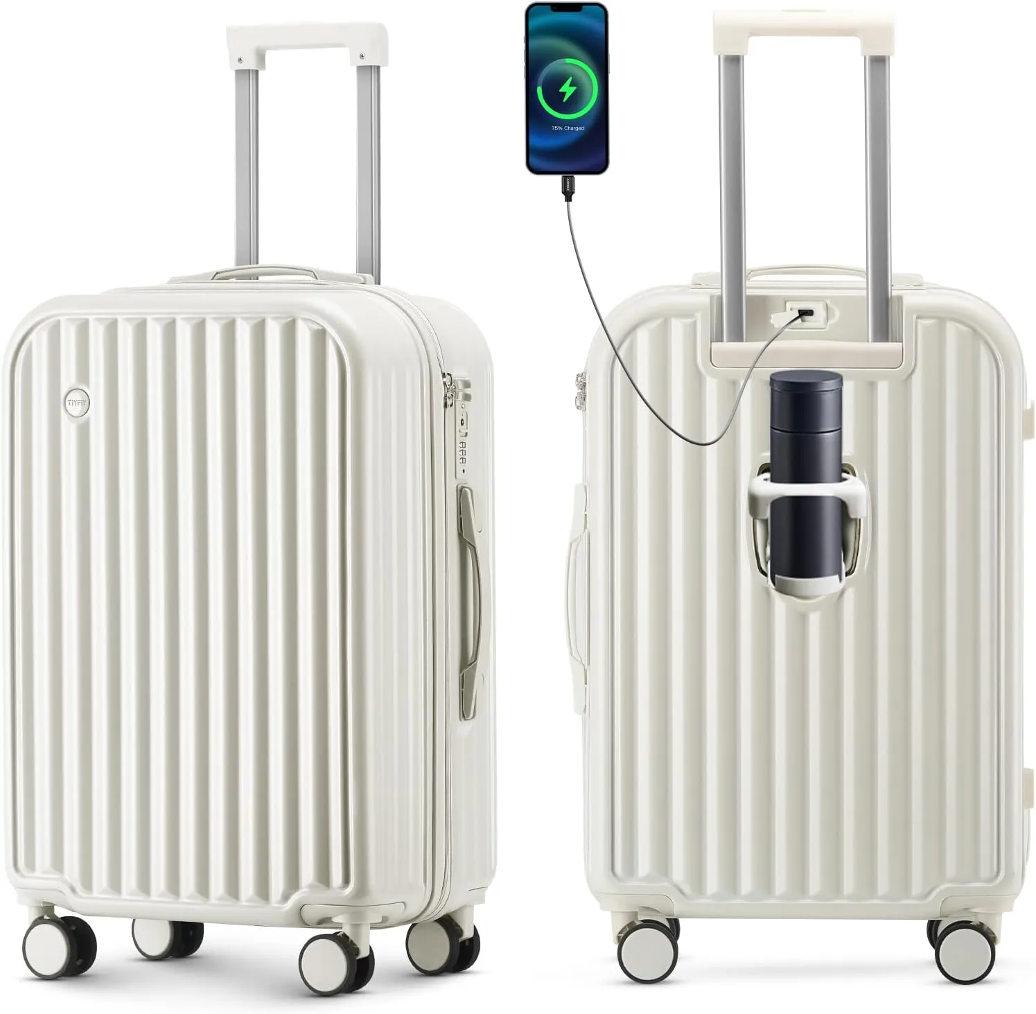 Hardside Carry On Luggage with Spinner Wheels and Built-in TSA Lock Durable Suitcase Rolling Luggage with USB Port cup holder Carry-On 20Inch (White)