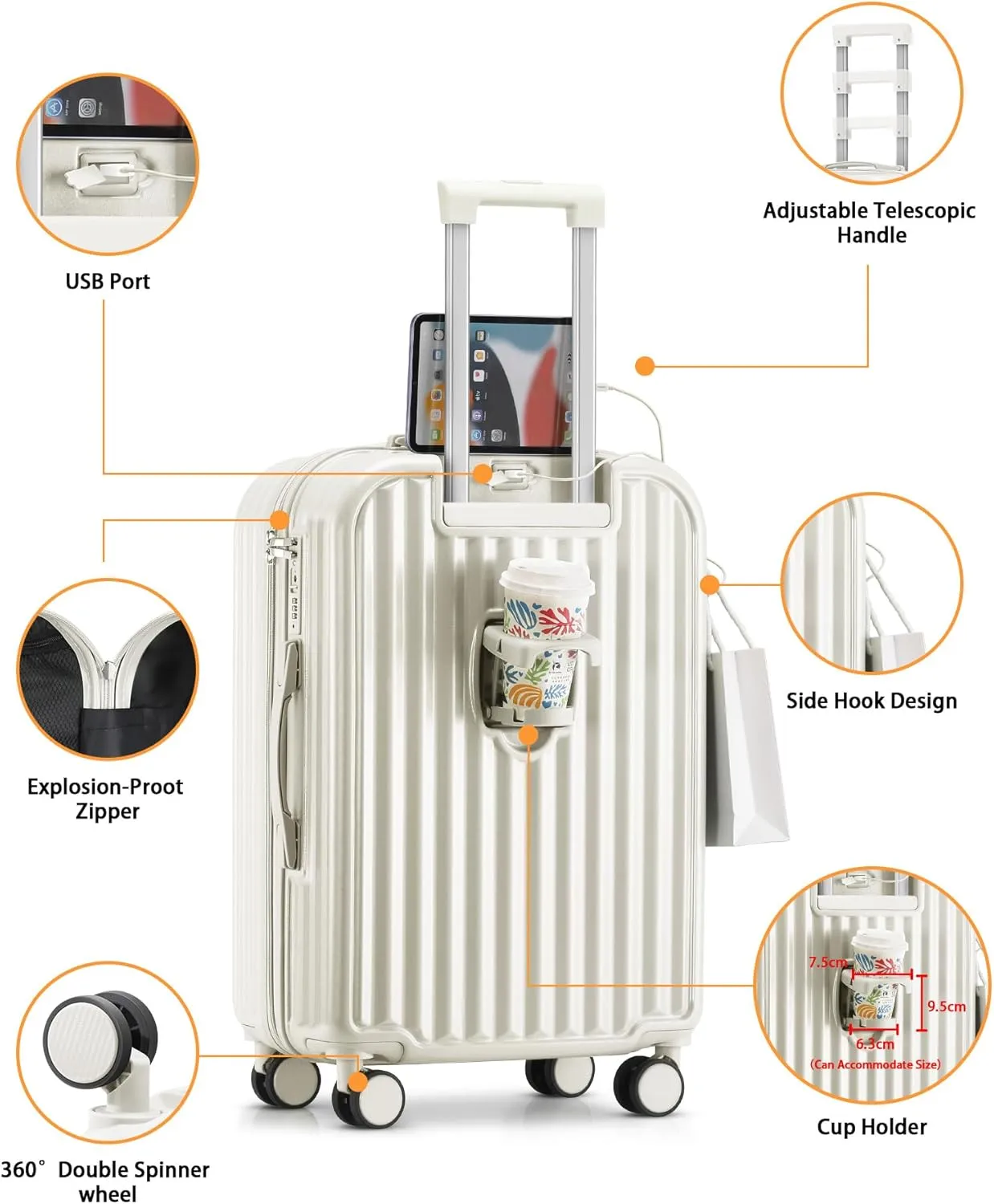 Hardside Carry On Luggage with Spinner Wheels and Built-in TSA Lock Durable Suitcase Rolling Luggage with USB Port cup holder Carry-On 20Inch (White)