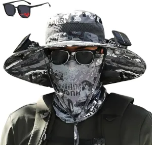 Hat with Fans Solar Power, Sun Hat with Solar Powered Fans, Wide Brim Solar Fan Outdoor Fishing Hat-Solar & USB Charging