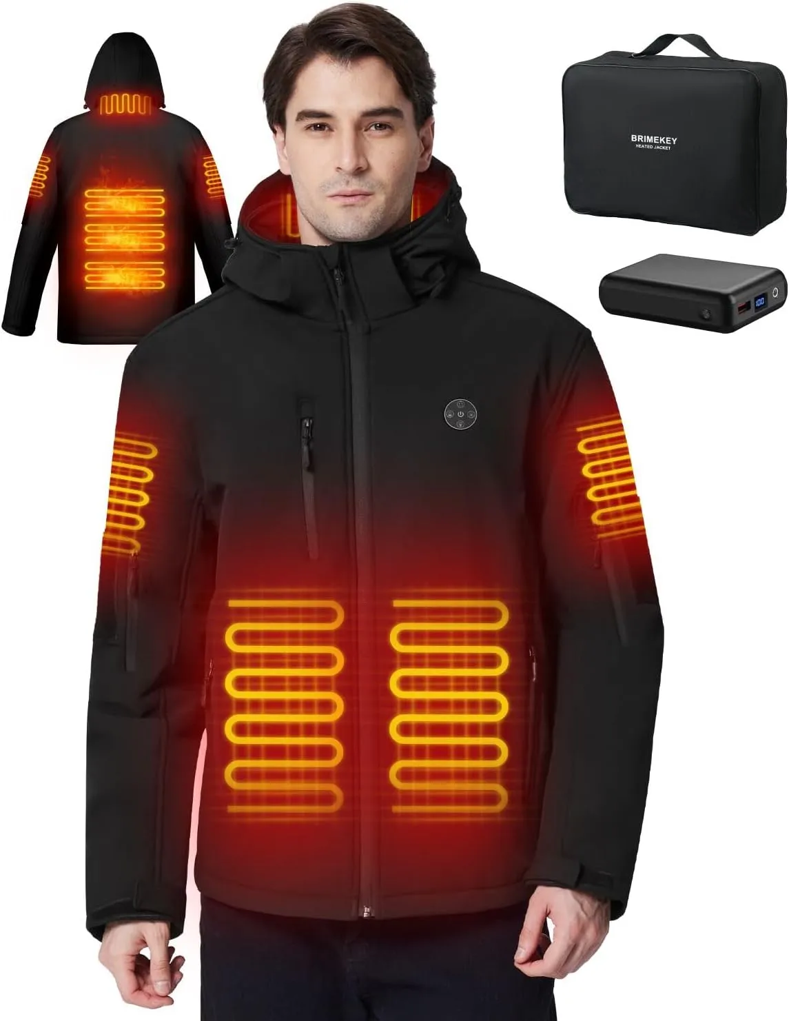Heated Jacket for Men with 7.4V Battery Pack and Detachable Hood, Windproof Soft Shell Electric Heating Coat