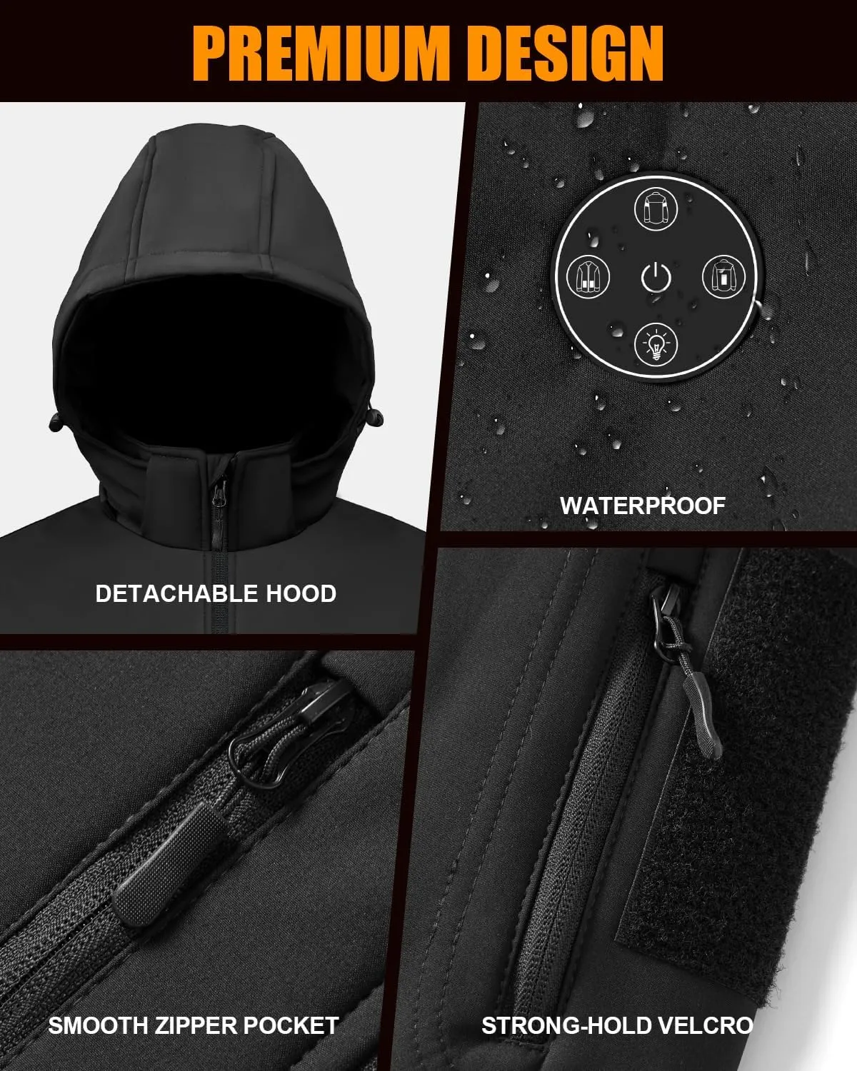 Heated Jacket for Men with 7.4V Battery Pack and Detachable Hood, Windproof Soft Shell Electric Heating Coat