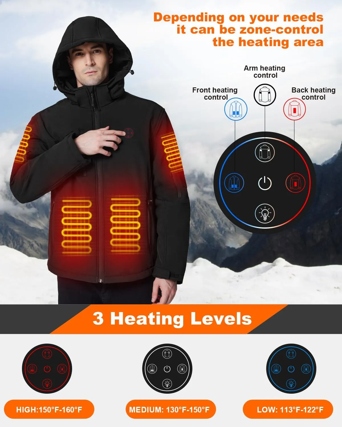 Heated Jacket for Men with 7.4V Battery Pack and Detachable Hood, Windproof Soft Shell Electric Heating Coat