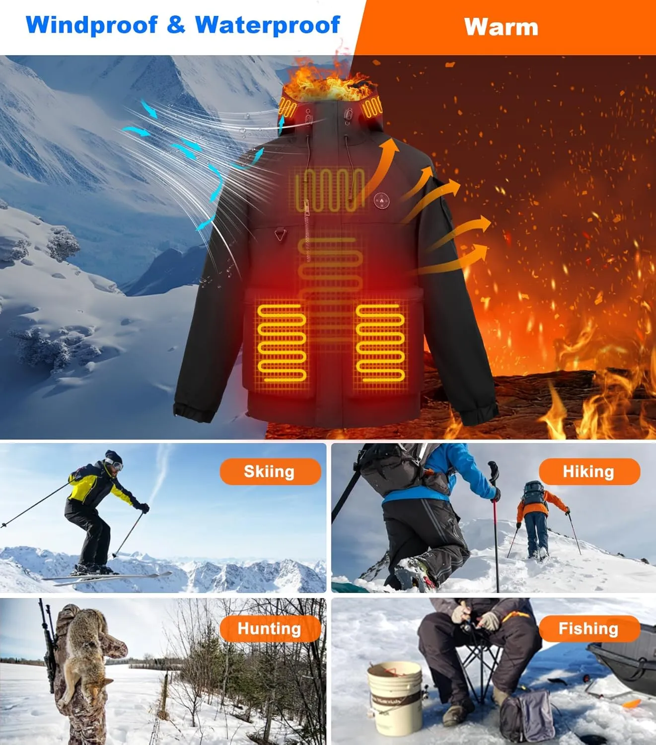 Heated Jackets for Men with Battery Pack, Heated Coat for Men & Women Waterproof Heated Hoodie for Hunting Fishing