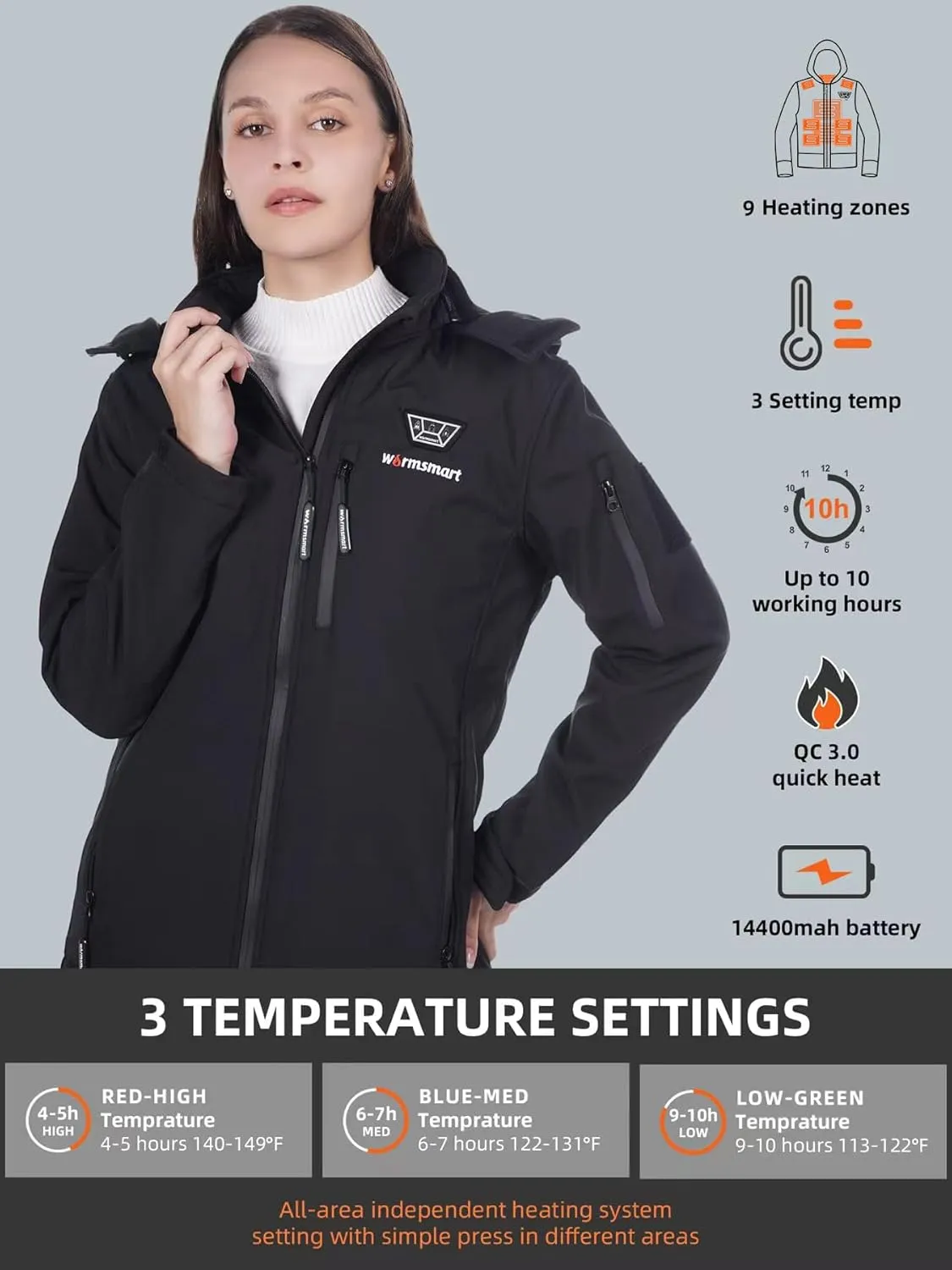Heated jackets for Women with 14400mAh Battery Pack, Heated Coats with Detachable Hood Windproof