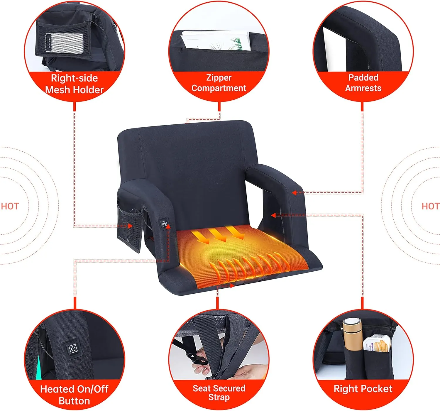 Heated Stadium Seats, 5 Reclining Positions Bleacher Chairs with Padded Armrests, Side Pockets, Waterproof Thick Cushion, W/Zippered Back Holder & Shoulder Straps, NO Power Bank