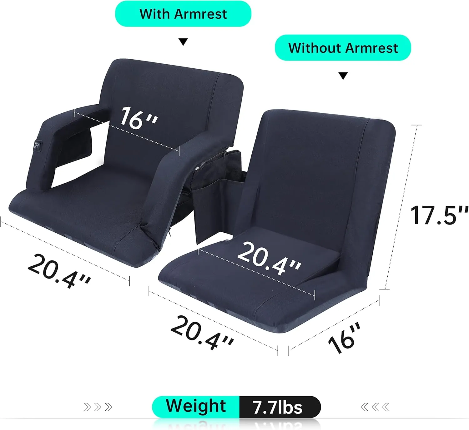 Heated Stadium Seats, 5 Reclining Positions Bleacher Chairs with Padded Armrests, Side Pockets, Waterproof Thick Cushion, W/Zippered Back Holder & Shoulder Straps, NO Power Bank