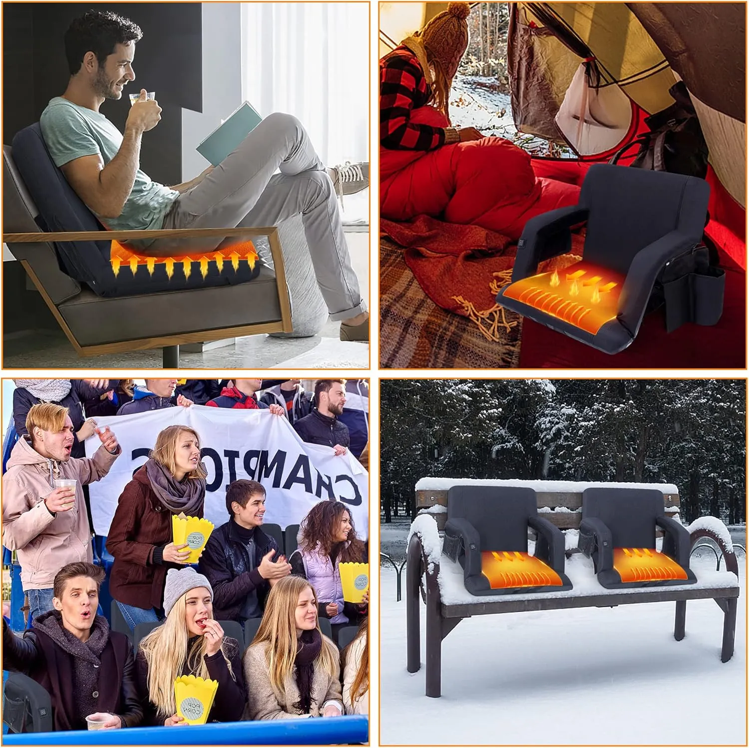 Heated Stadium Seats, 5 Reclining Positions Bleacher Chairs with Padded Armrests, Side Pockets, Waterproof Thick Cushion, W/Zippered Back Holder & Shoulder Straps, NO Power Bank