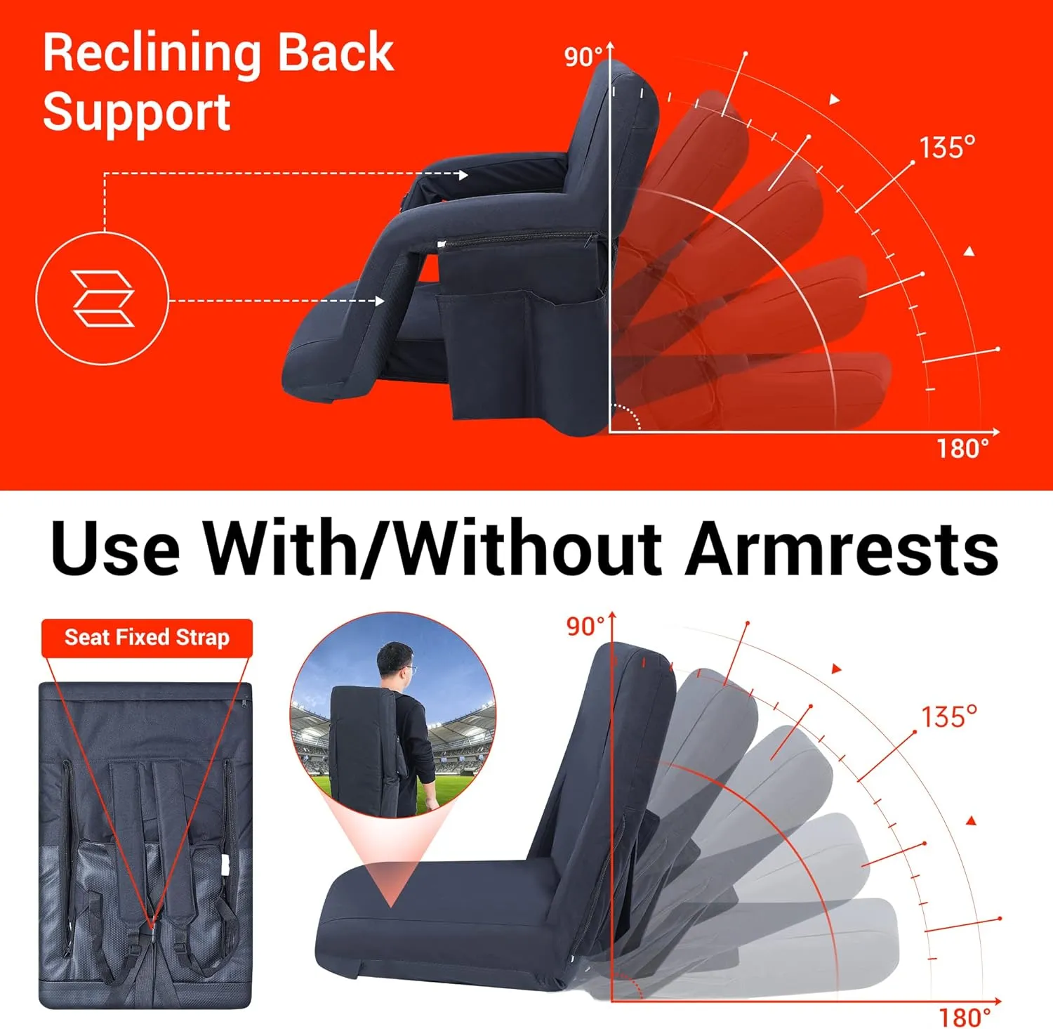 Heated Stadium Seats, 5 Reclining Positions Bleacher Chairs with Padded Armrests, Side Pockets, Waterproof Thick Cushion, W/Zippered Back Holder & Shoulder Straps, NO Power Bank