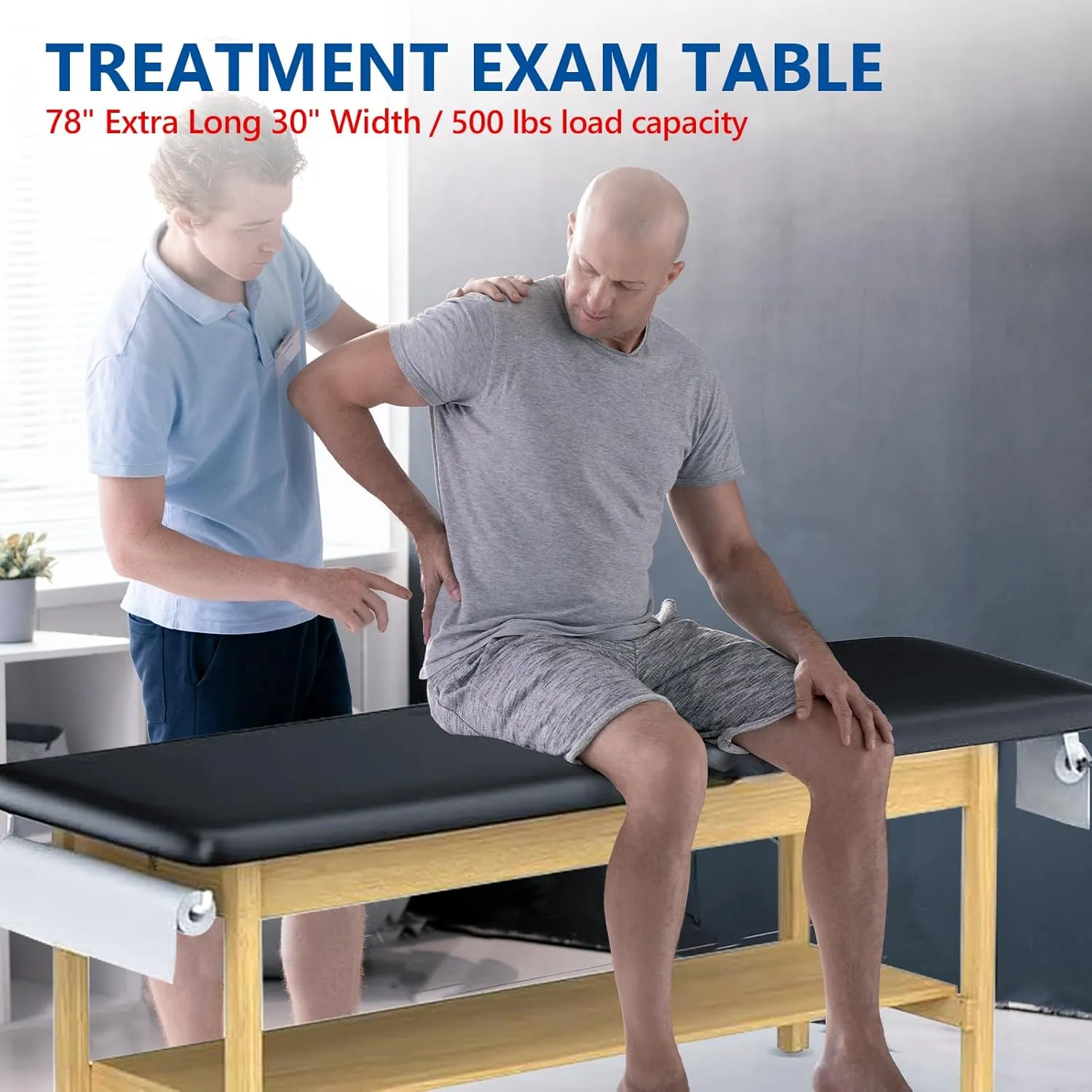 Helsevesen 78" Extra Long 30" Width Bariatric Treatment Table with Full Shelf and Paper Holder, Hardwood Medical Exam Table with Plain Shelf and Adjustable Backrest，78" x 30" x 31"