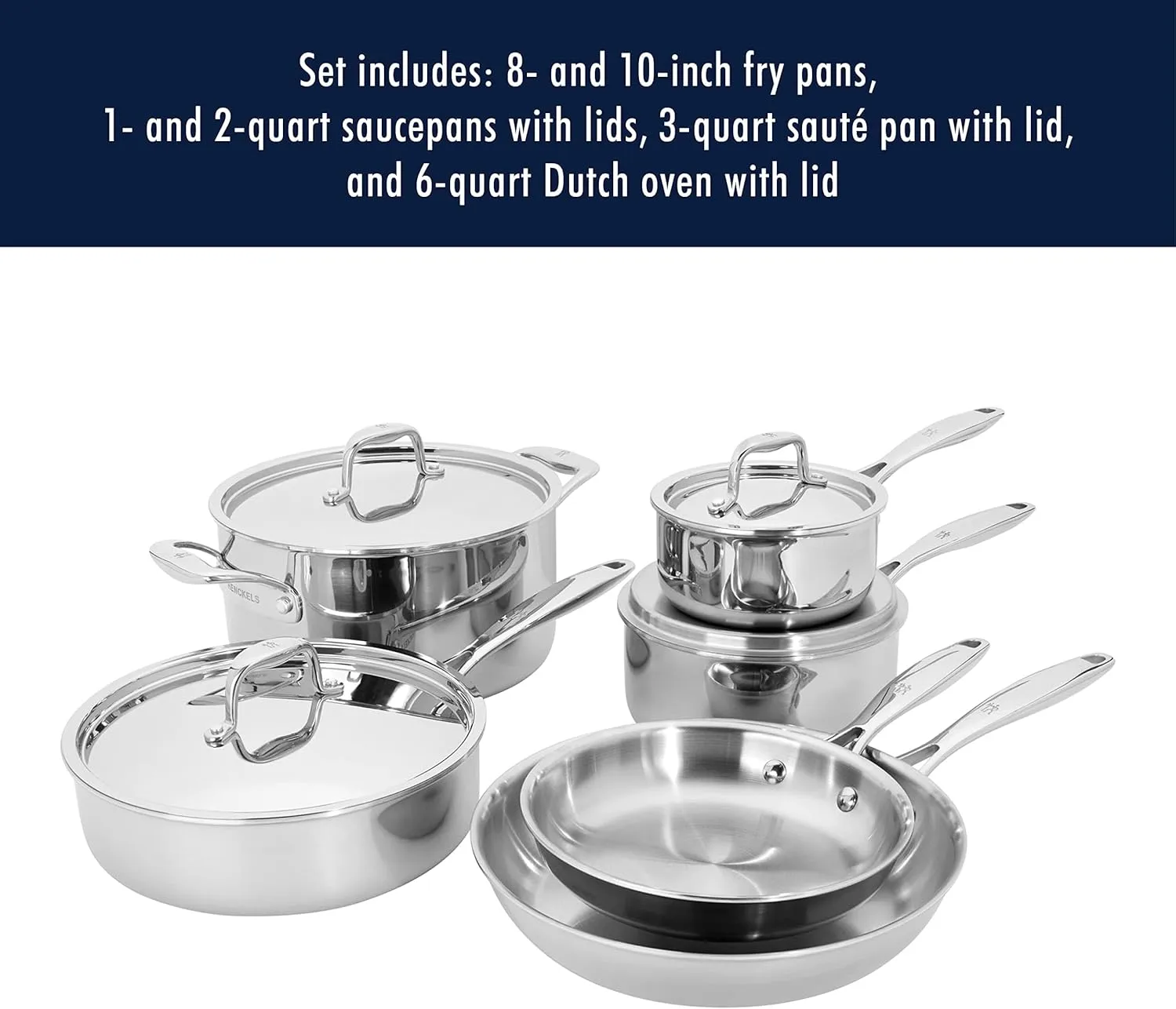 HENCKELS Clad Impulse 10-pc 3-Ply Stainless Steel Pots and Pans Set, Cookware Set, Fry Pan, Saucepan with Lid, Saute Pan with Lid, Dutch Oven with Lid, Stay-Cool Handles, Induction Stove Compatible
