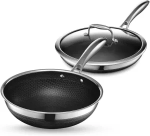 HexClad Hybrid Nonstick 3-Piece Cookware Set, 10" Wok and 10" Pan with Lid, Stay-Cool Handles, Dishwasher and Oven-Safe, Induction Ready, Compatible with All Cooktops