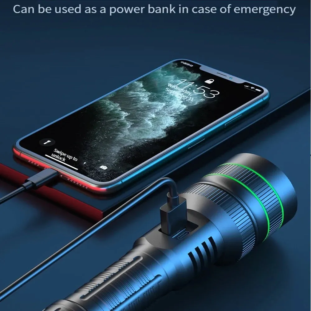 High-Power LED Flashlight - USB Rechargeable Tactical Torch, Long-Range Beam, Outdoors & Hunting