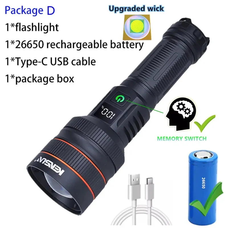 High-Power LED Flashlight - USB Rechargeable Tactical Torch, Long-Range Beam, Outdoors & Hunting