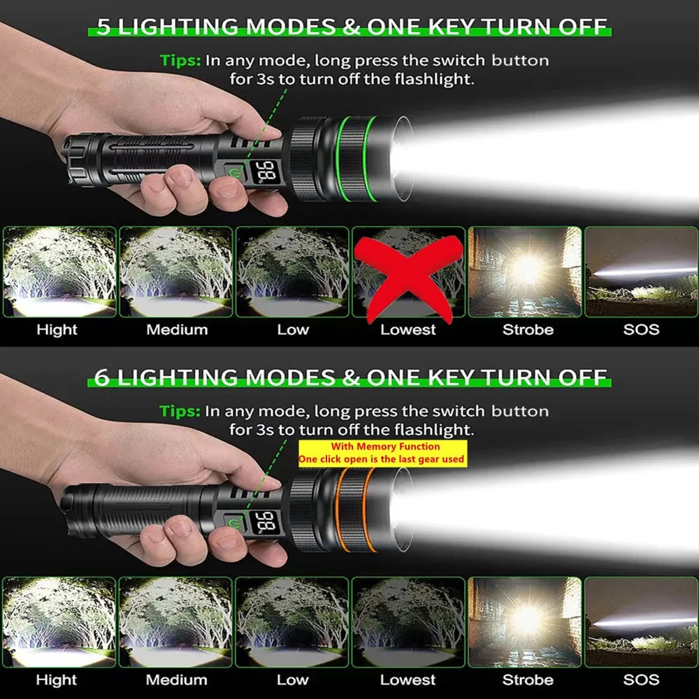 High-Power LED Flashlight - USB Rechargeable Tactical Torch, Long-Range Beam, Outdoors & Hunting