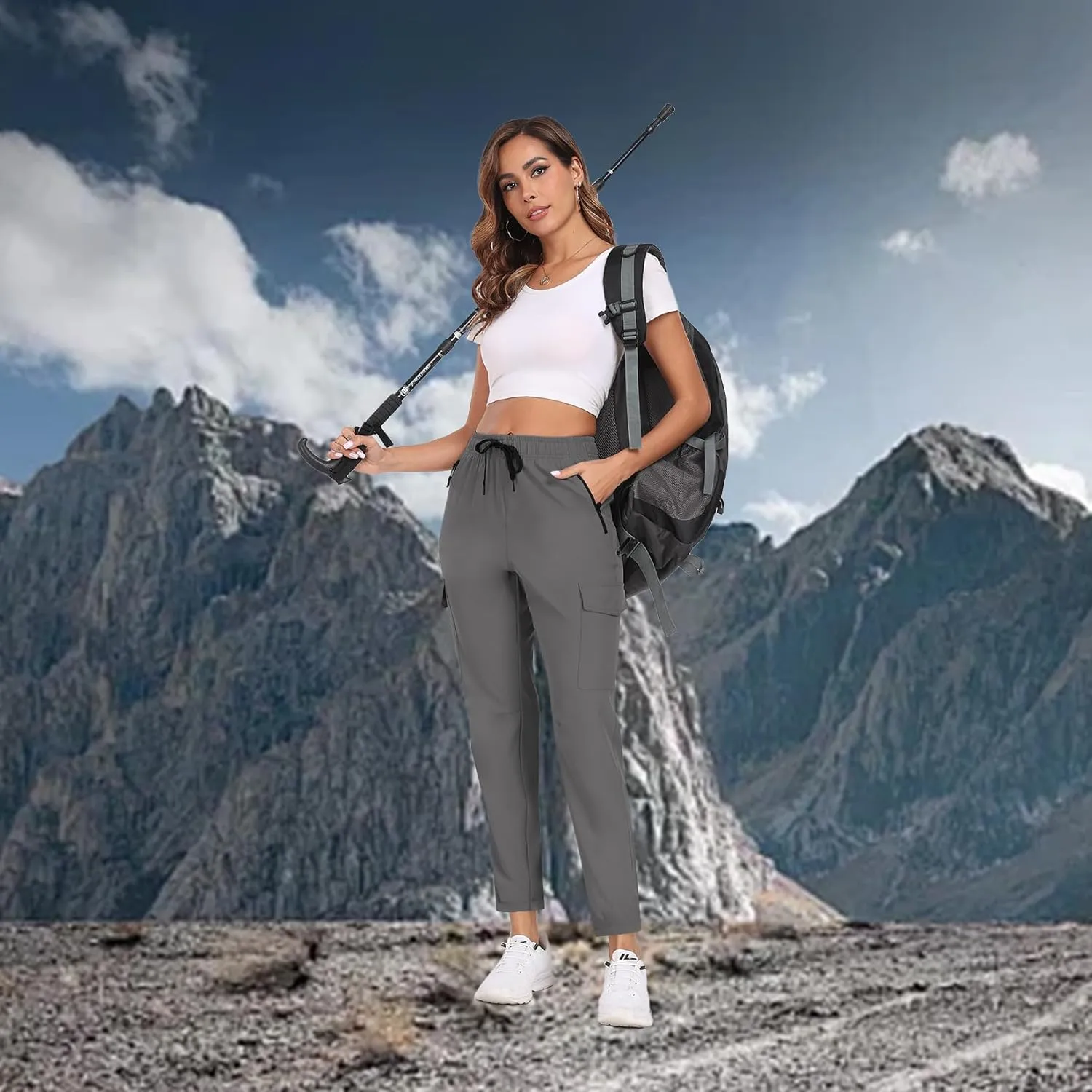 Hiking Pants for Women UPF 50  Cargo Quick Dry Water Resistant Elastic Waist Zip Pockets Travel Work Lightweight Running