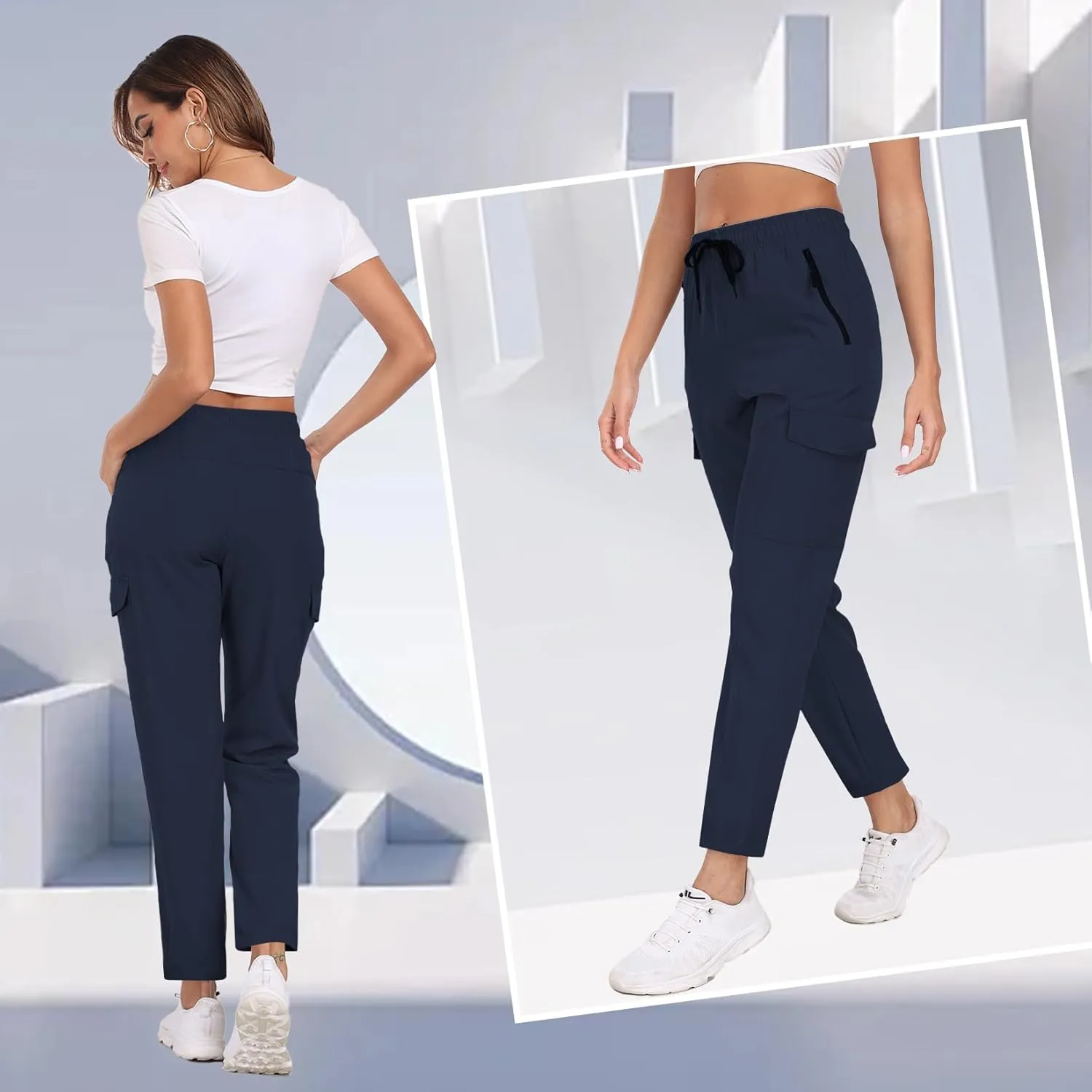 Hiking Pants for Women UPF 50  Cargo Quick Dry Water Resistant Elastic Waist Zip Pockets Travel Work Lightweight Running
