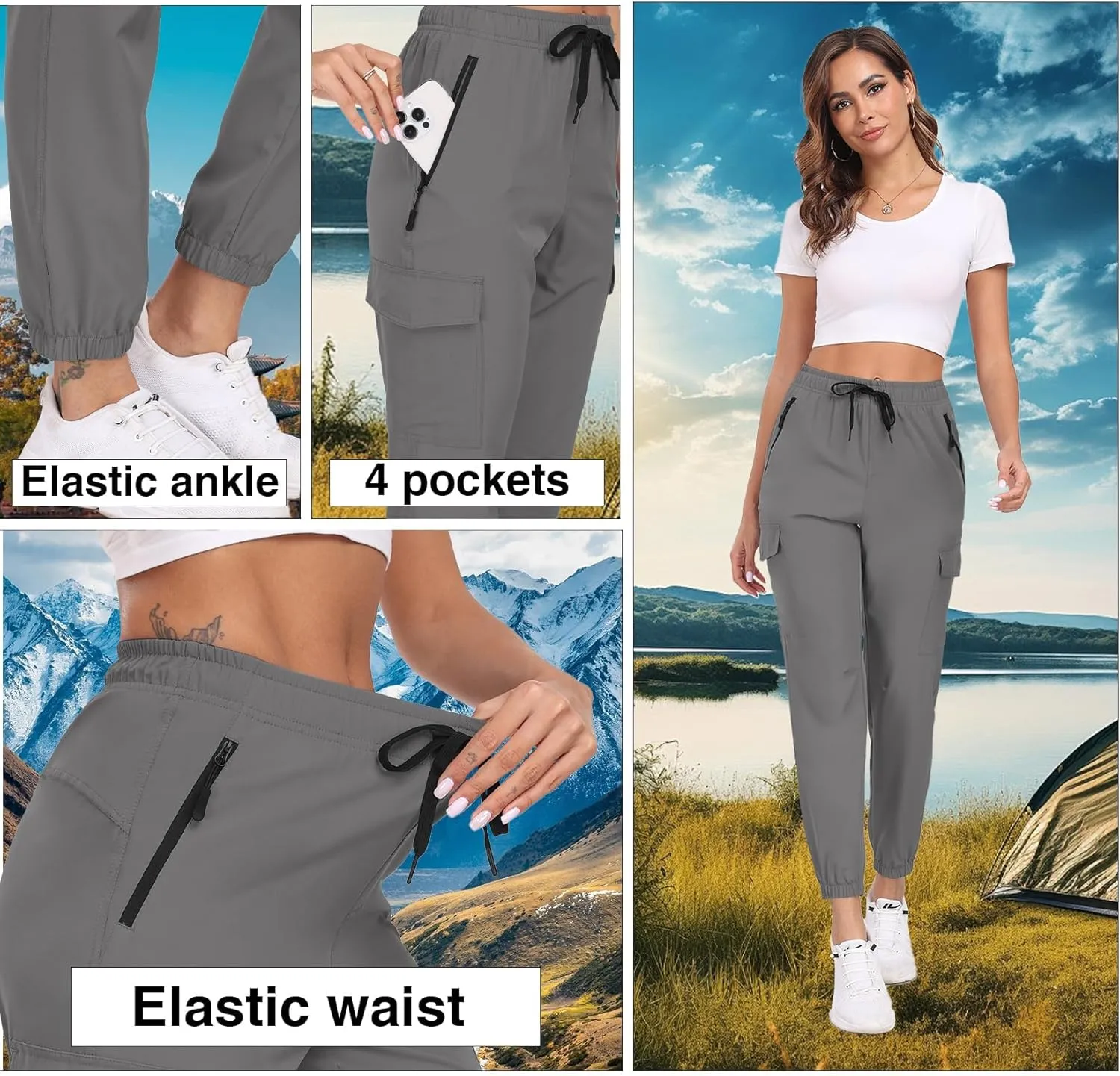 Hiking Pants for Women UPF 50  Cargo Quick Dry Water Resistant Elastic Waist Zip Pockets Travel Work Lightweight Running