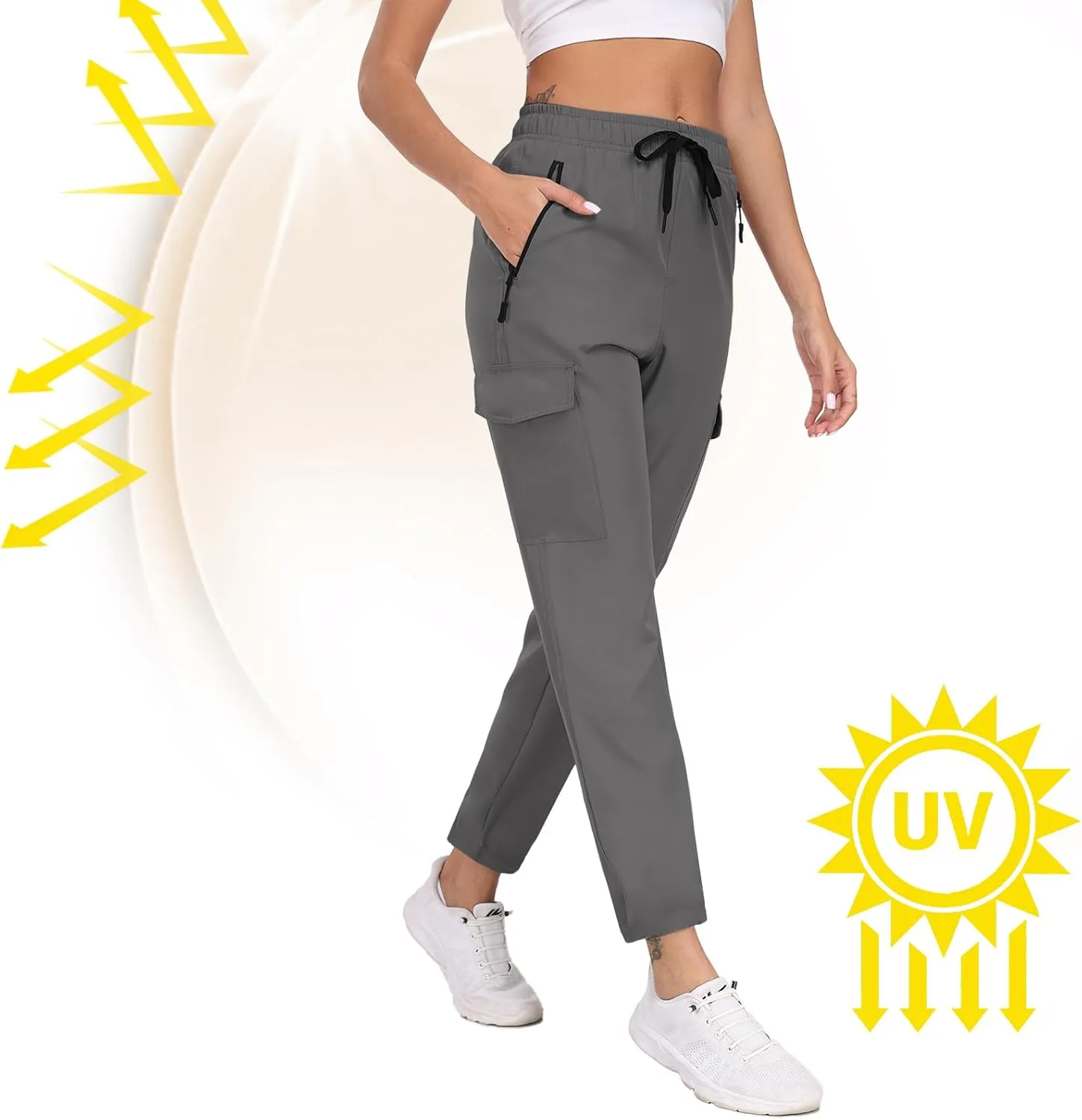 Hiking Pants for Women UPF 50  Cargo Quick Dry Water Resistant Elastic Waist Zip Pockets Travel Work Lightweight Running