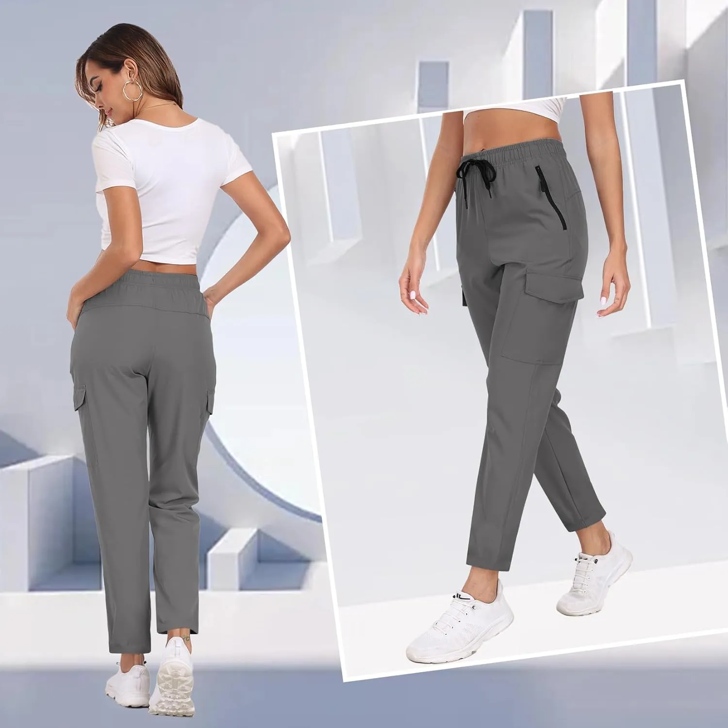 Hiking Pants for Women UPF 50  Cargo Quick Dry Water Resistant Elastic Waist Zip Pockets Travel Work Lightweight Running
