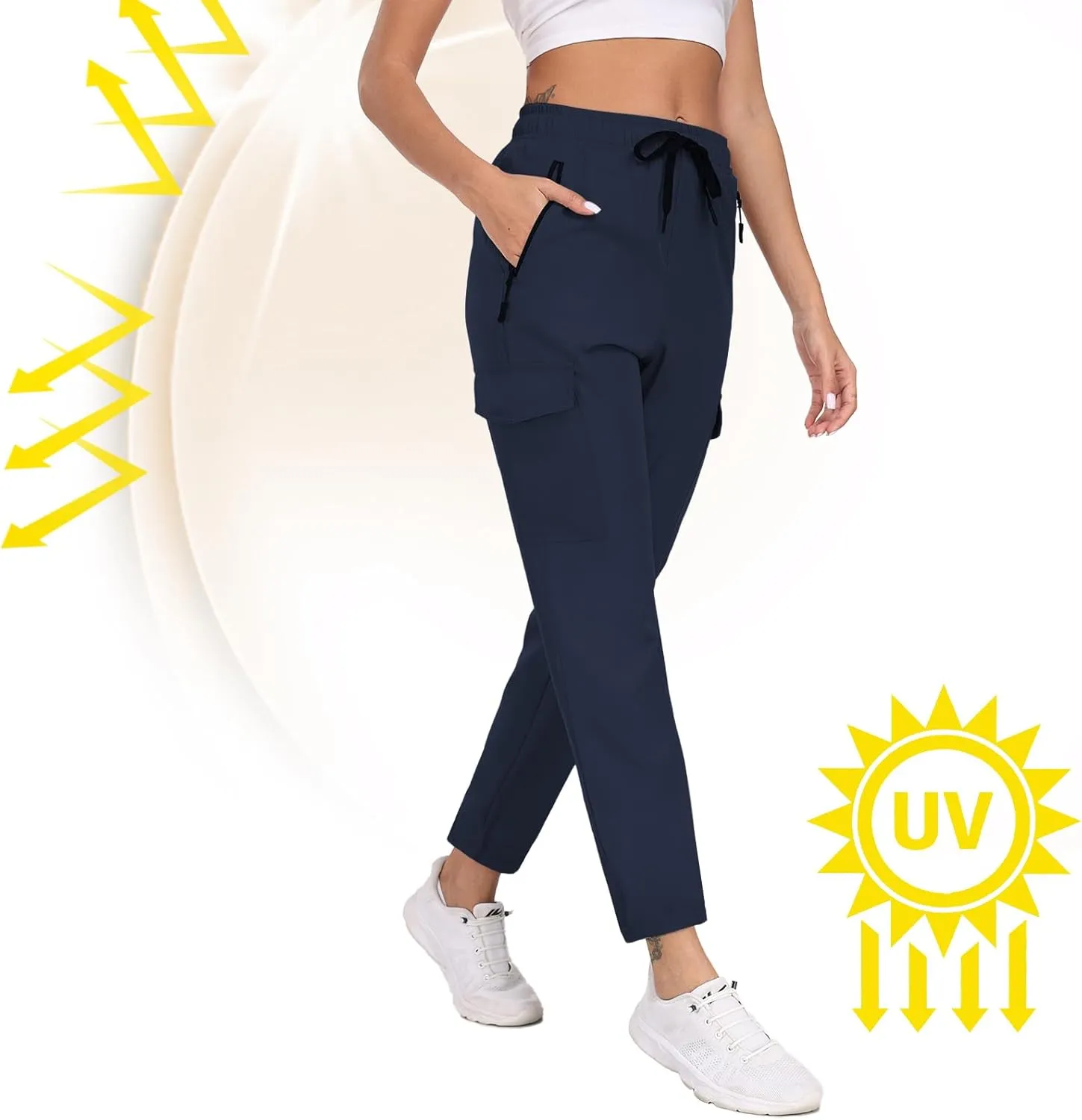 Hiking Pants for Women UPF 50  Cargo Quick Dry Water Resistant Elastic Waist Zip Pockets Travel Work Lightweight Running