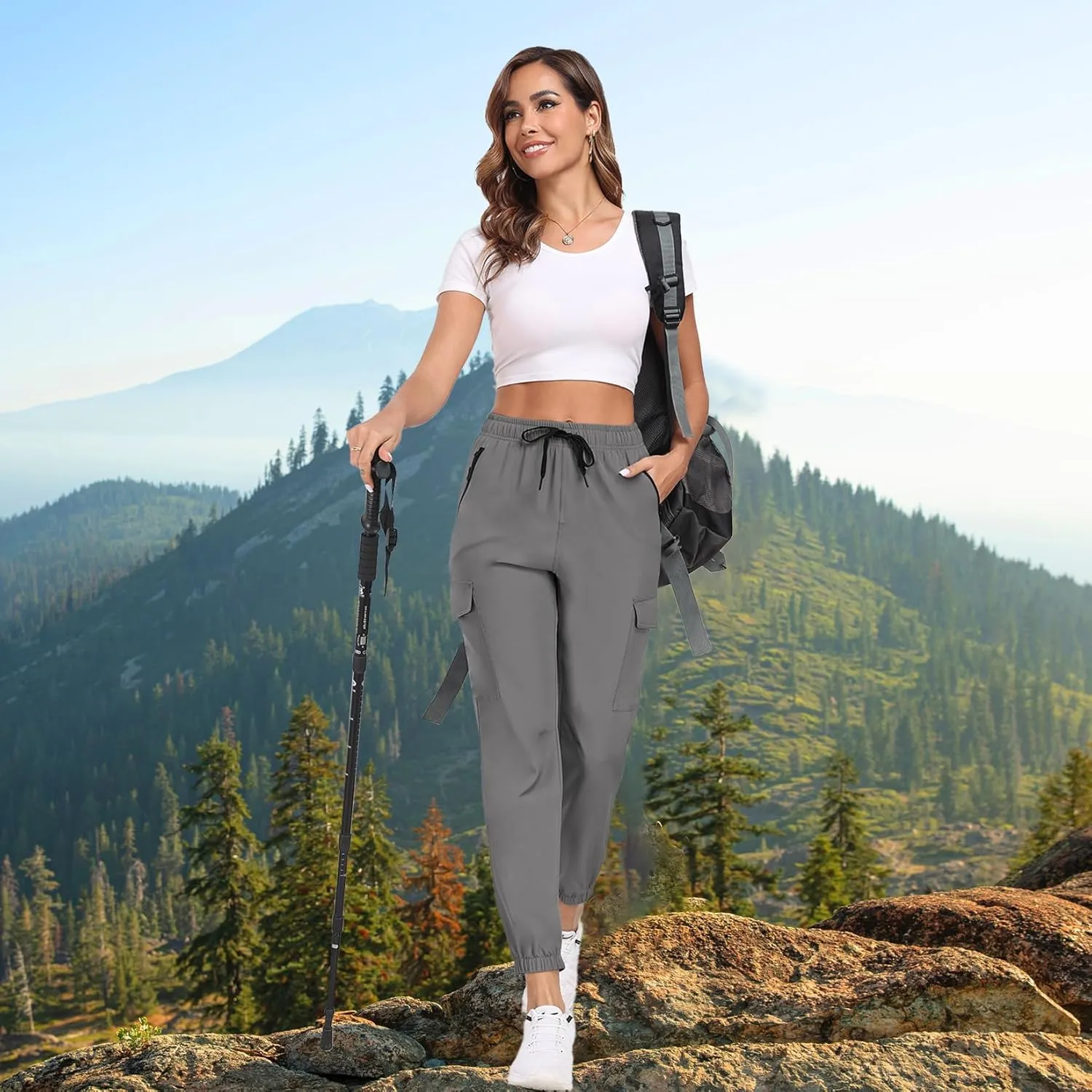 Hiking Pants for Women UPF 50  Cargo Quick Dry Water Resistant Elastic Waist Zip Pockets Travel Work Lightweight Running