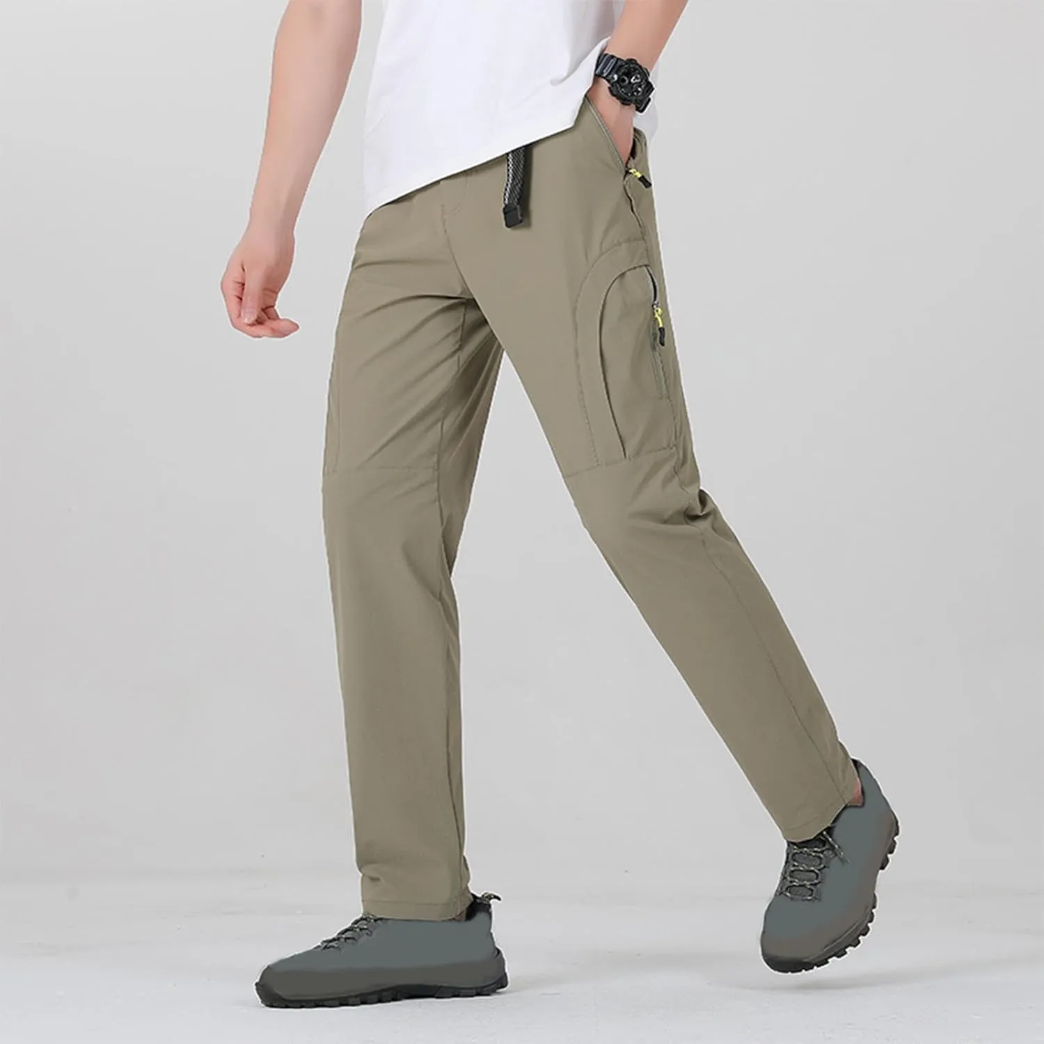Hiking Pants Men with Belt 5 Zipper Pockets Waterproof Lightweight Quick Dry Travel Fishing Workout Pant Stretch Active