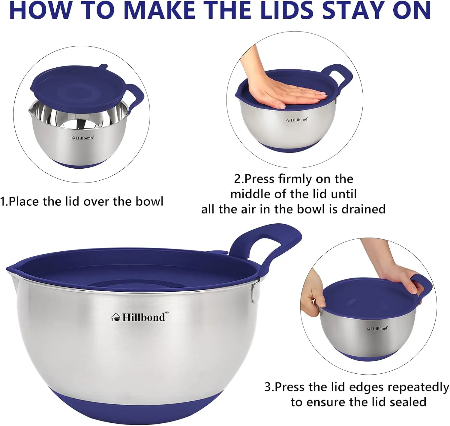 Hillbond Mixing Bowls with BPA Free Airtight Lids Stainless Steel Nesting Bowls with Pour Spout, Silicone Handle Non-Slip Bottoms for Baking, Dishwasher Safe Metal Bowls, 1.5, 3, 5 QT (Blue)