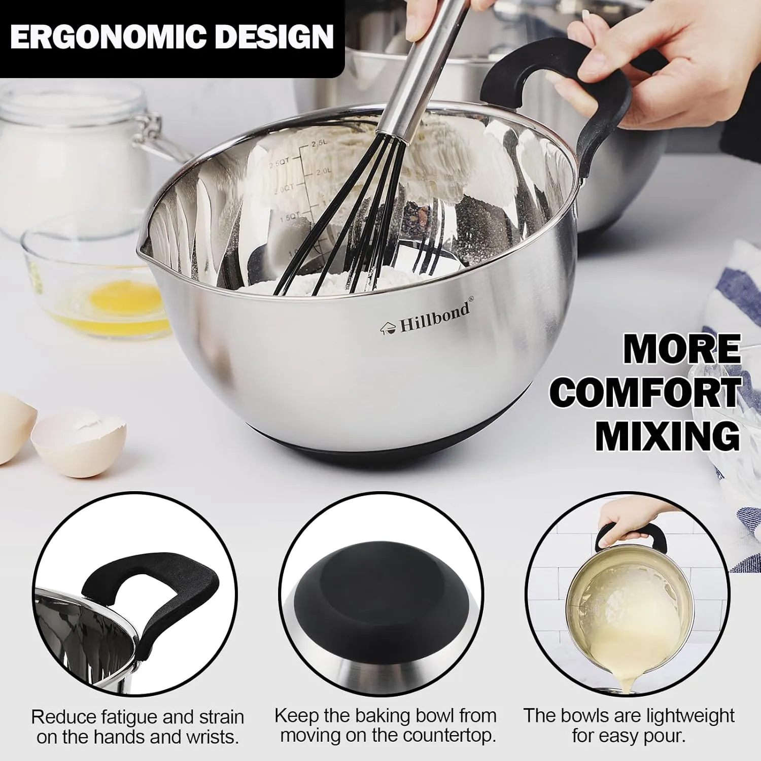 Hillbond Stainless Steel Bowls with Lids Set Mixing Bowls with Pour Spout, Silicone Handle and Non-Slip Bottoms for Baking, Metal Bowls Mixing Dishwasher Safe, Set of 3 (Black)